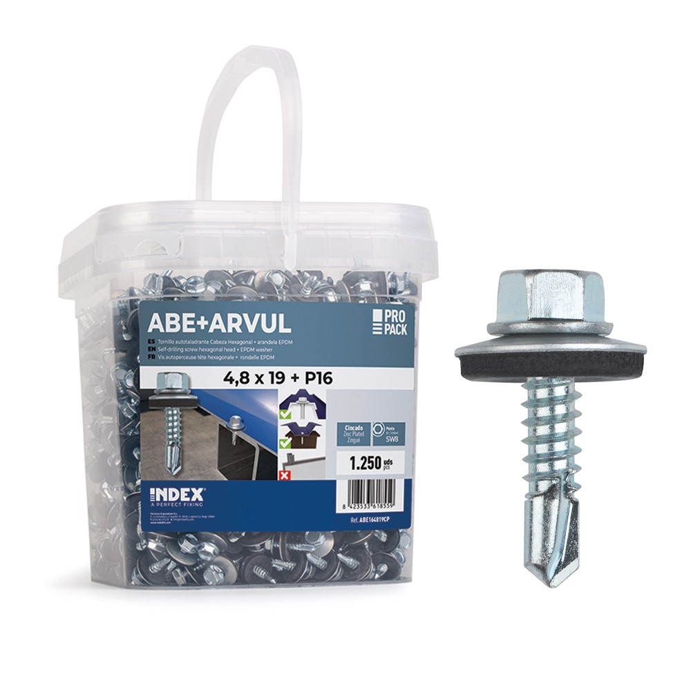 DIN-7504-K CP + ARVUL [CP] Tornillo con arandela vulcanizada de acero-EPDM. Bote de plástico